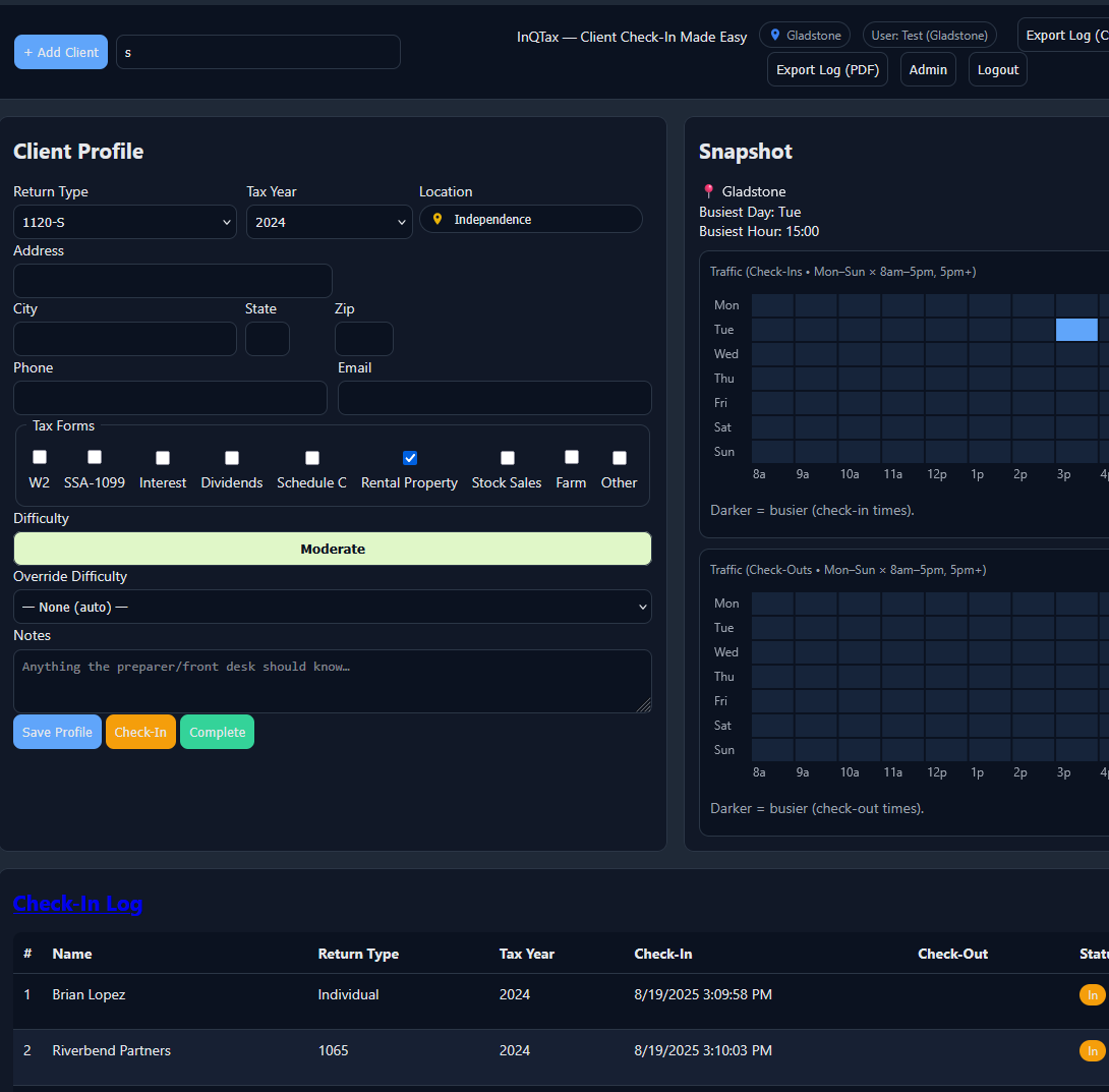 A screenshot of the InQ Check-in dashboard