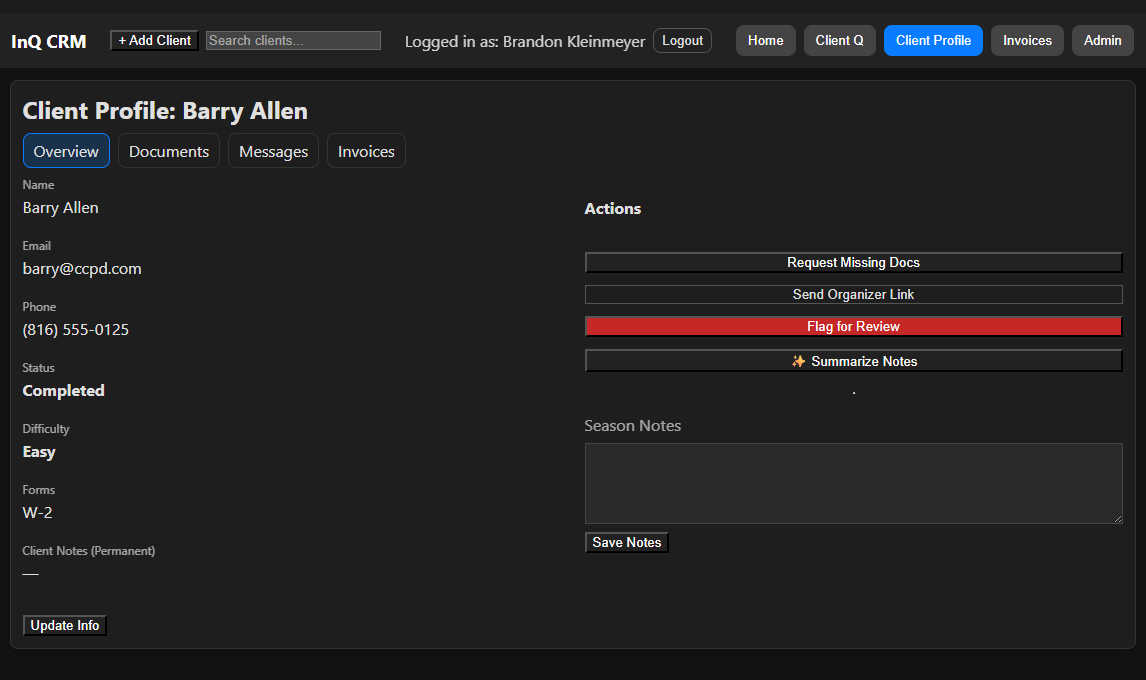 A screenshot of the InQ CRM interface