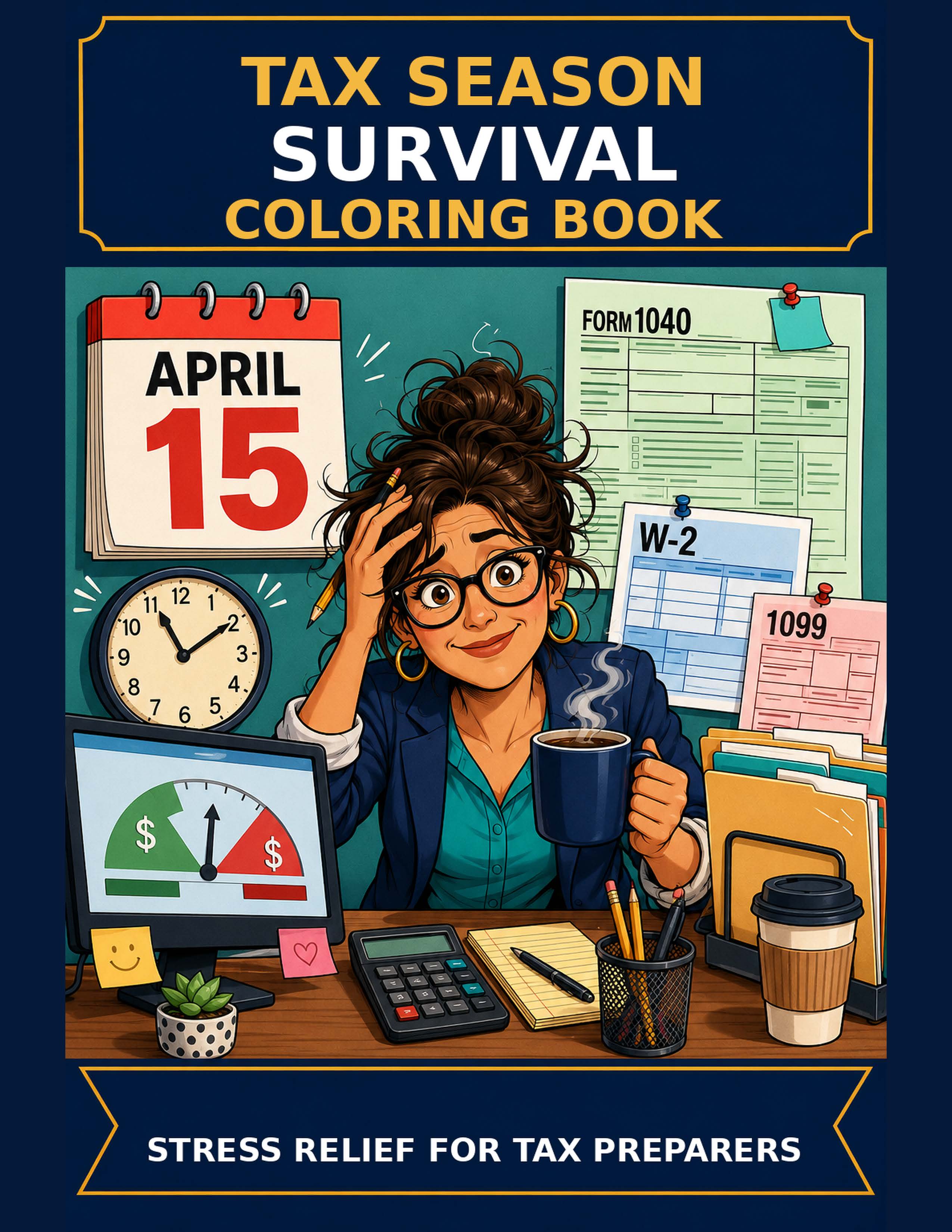 Tax Season Survival Coloring Book cover - an illustrated, stressed but smiling tax preparer at her desk surrounded by tax forms, a calculator, and coffee